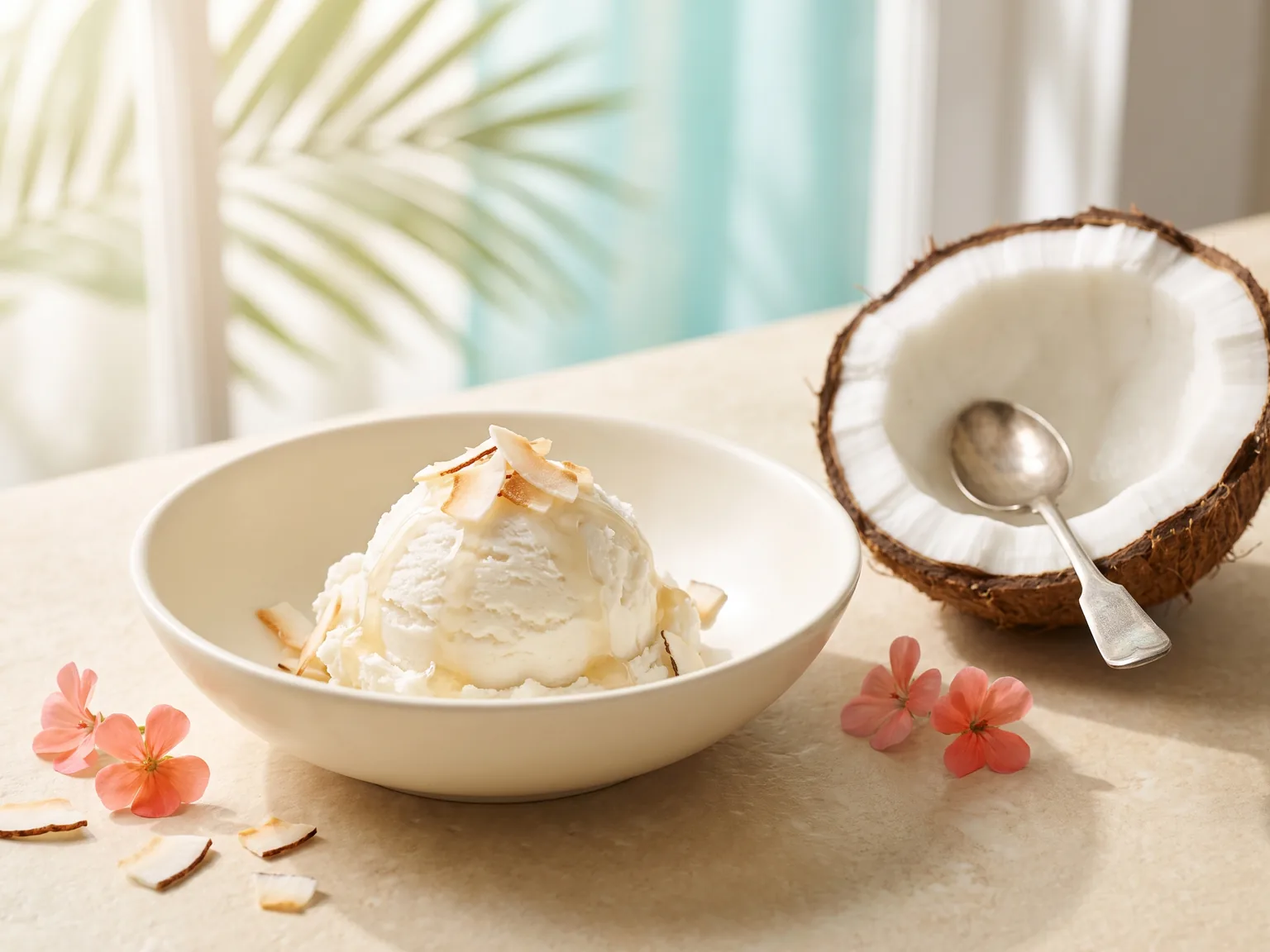 A pale ice cream scoop with coconut flakes beside an open coconut half