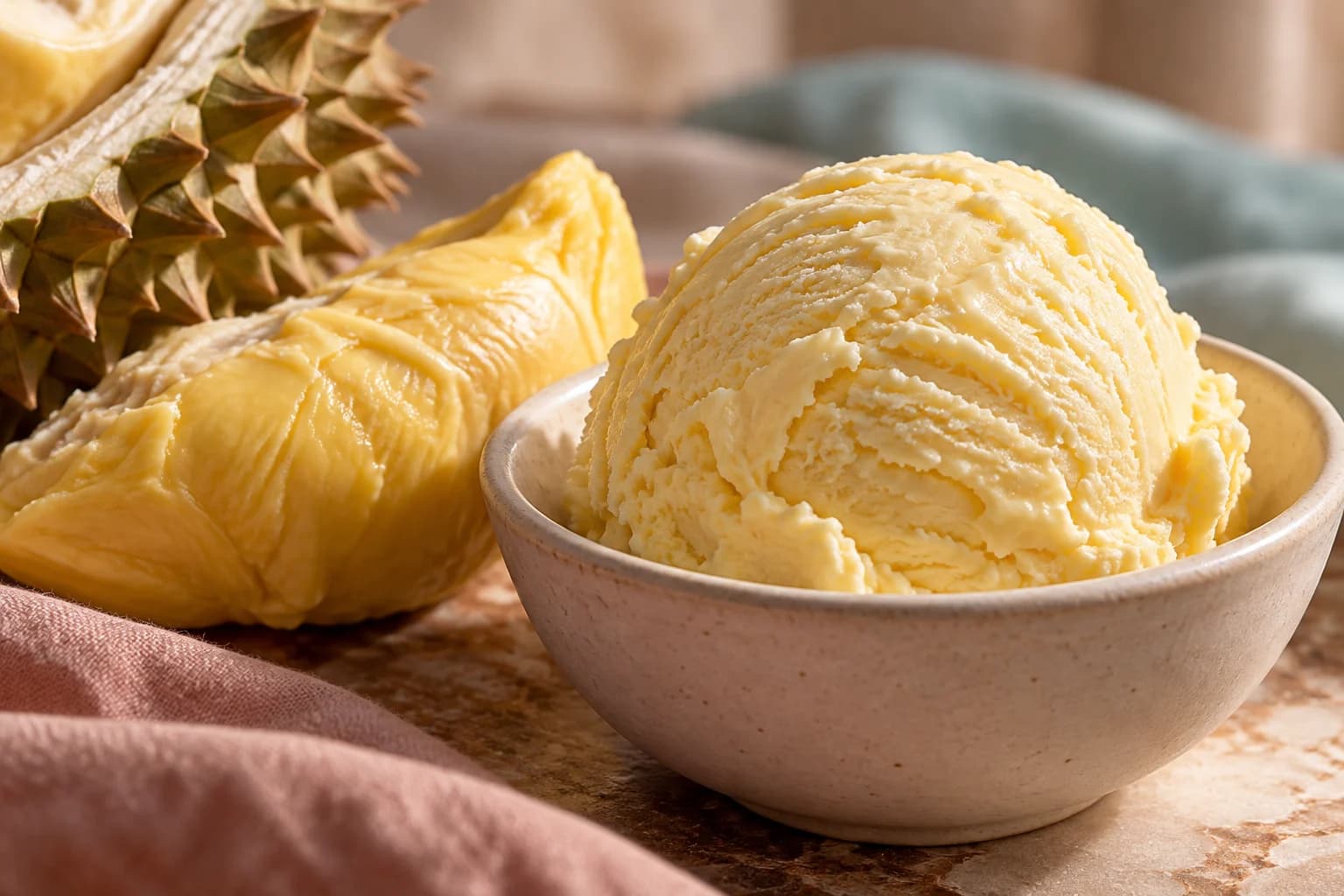 Creamy frozen dessert beside golden durian flesh