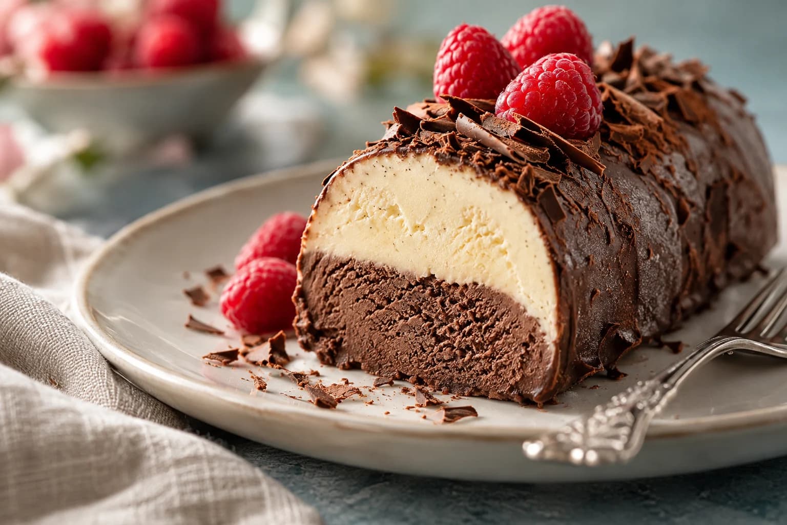 Slice of layered frozen chocolate log cake on a plate