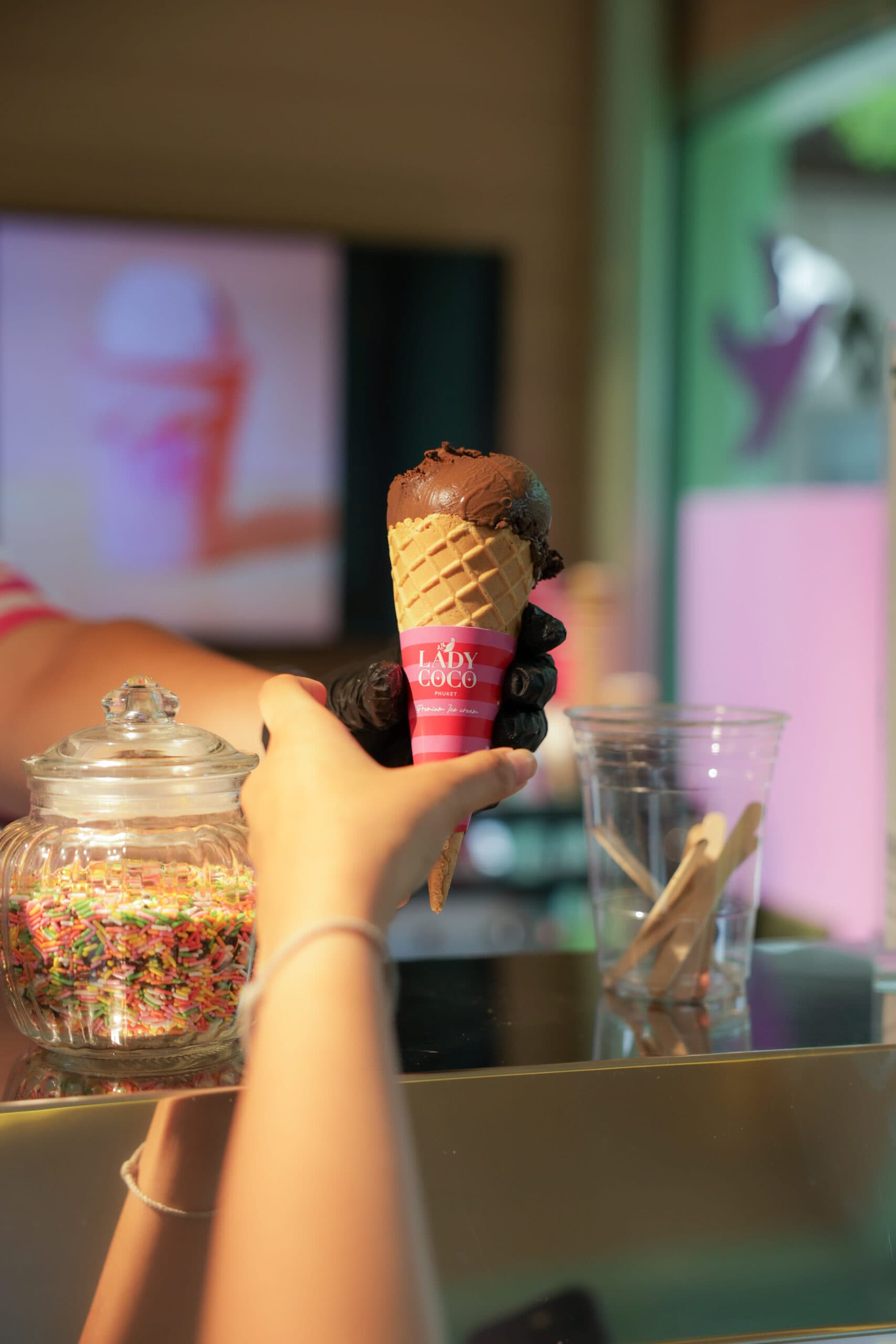 A freshly served Lady Coco cone inside the ice cream shop